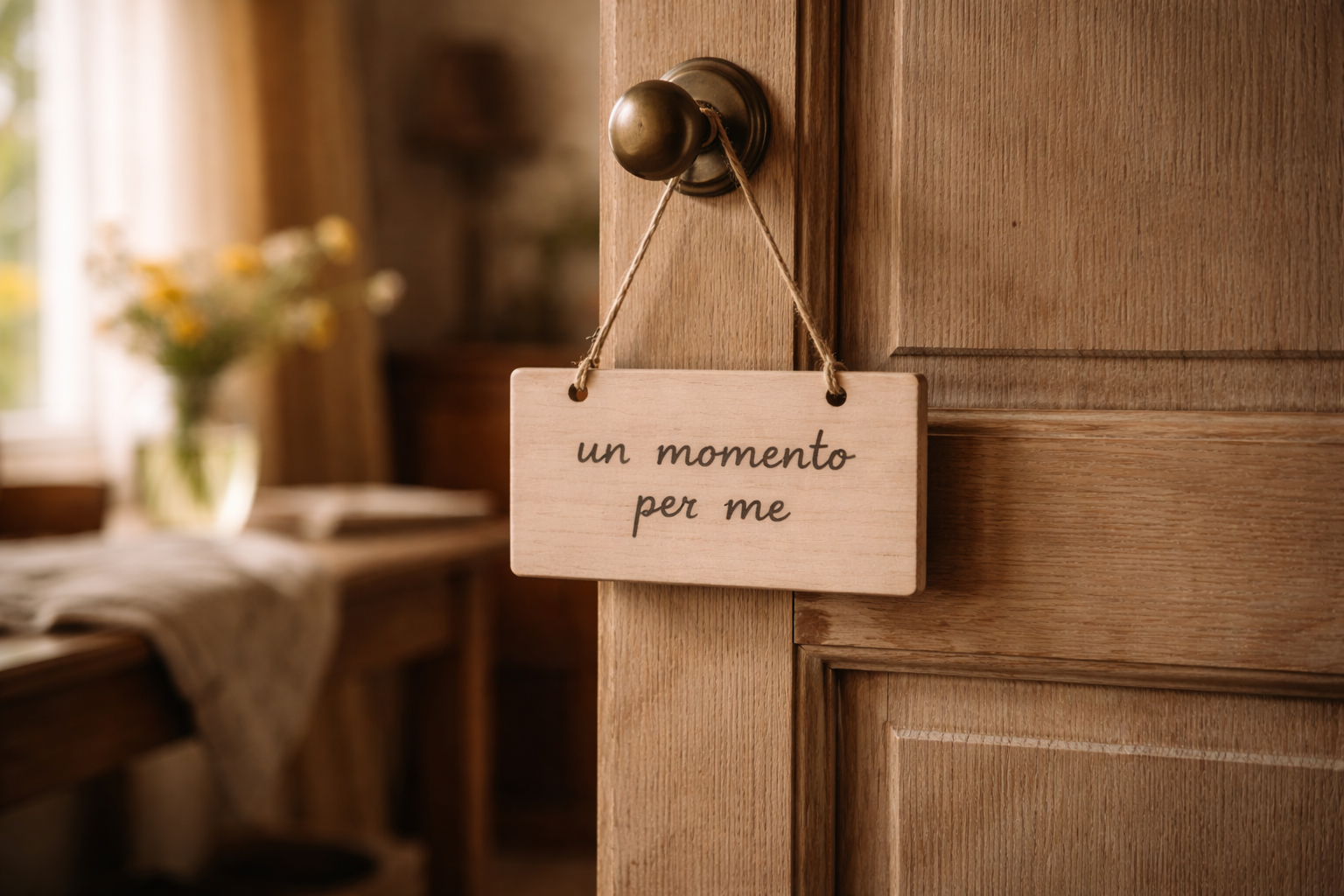 Dettaglio di una porta di casa con cartello discreto 'un momento per me', atmosfera quotidiana e calma